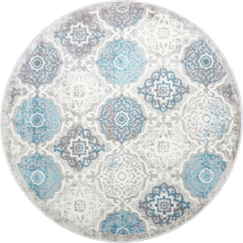 Blue and Gray Round Medallion Washable Area Rug