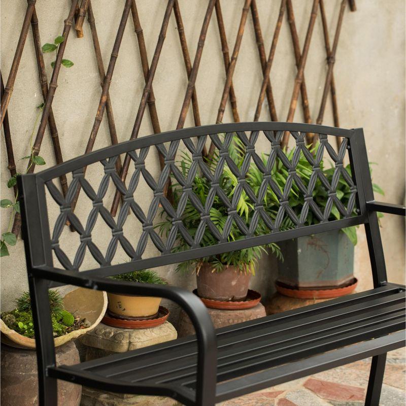 Gardenised Black Outdoor Garden Patio Steel Park Bench Lawn Decor with Cast Iron Back Seating bench, with Backrest and Armrest