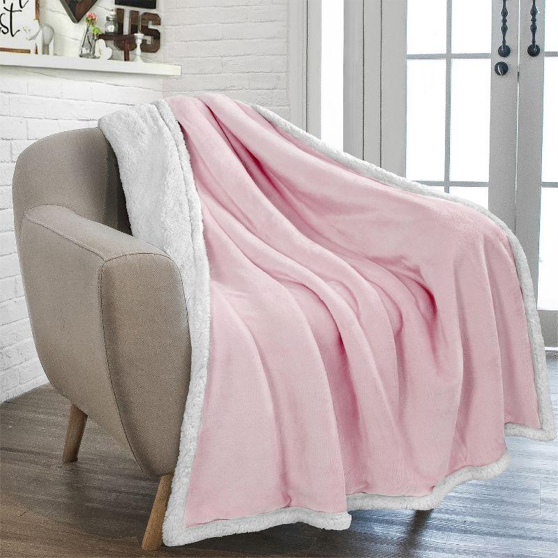 PAVILIA Premium Faux Shearling Fleece Throw Blanket for Bed, Reversible Warm Blanket for Couch Sofa