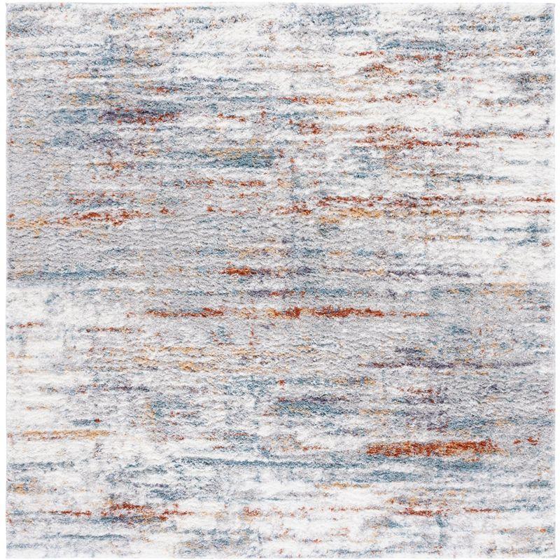 Ivory and Blue Synthetic Shag Area Rug, 7' Square