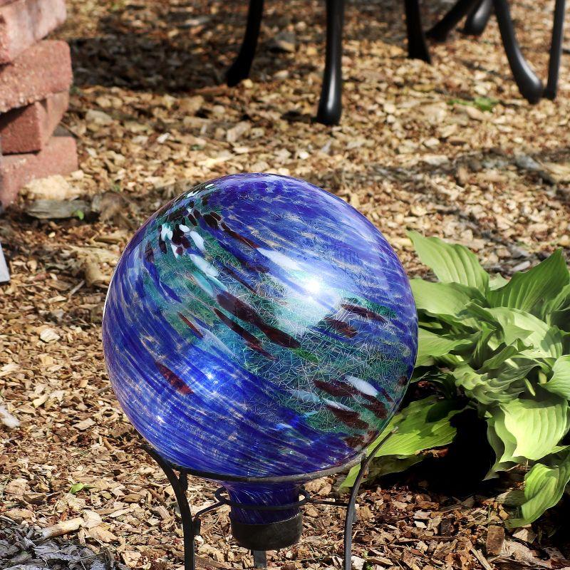 Sunnydaze Northern Lights Glass Gazing Globe with Stemmed Bottom and Rubber Cap - 10" Diameter - Blue and Green Swirl - Set of 2