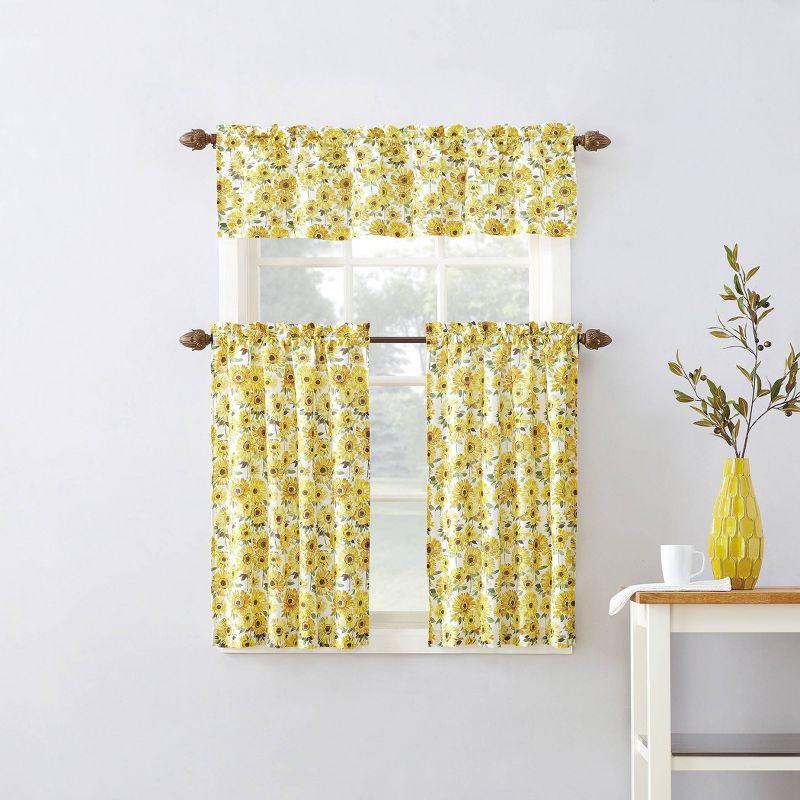 Sunflower Print Semi Sheer Rod Pocket Kitchen Curtain Valance and Tiers Set Yellow - No. 918