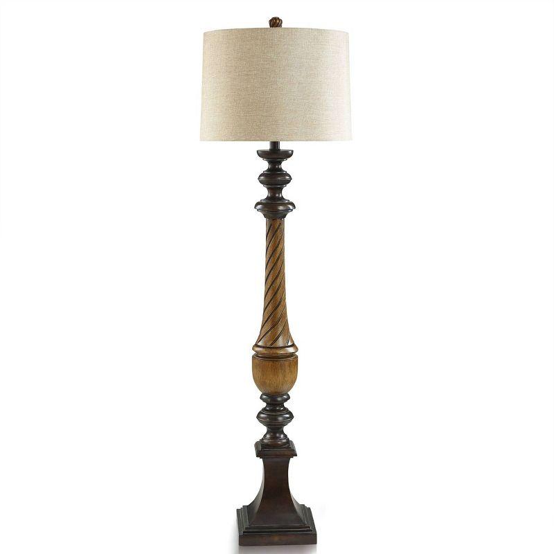 Toffee Wood Traditional Two-Tone Swirled Floor Lamp - StyleCraft: Linen Shade, Adjustable Tilt