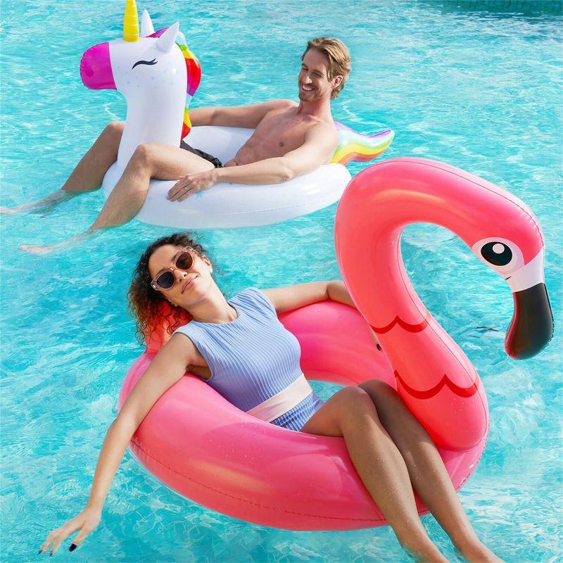 Joyfy 2 Packs Pool Floats Tube, Inflatable Unicorn Flamingo Pool Toys Floaties with Headrest, Pool Swim Ring for Kids Adults Beach Lake Summer Fun