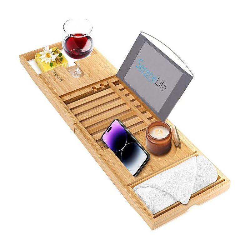 Latitude Run® Luxury Bamboo Bathtub Caddy Tray - Adjustable, Waterproof, With Wine Holder And Phone Slot For Relaxing Baths