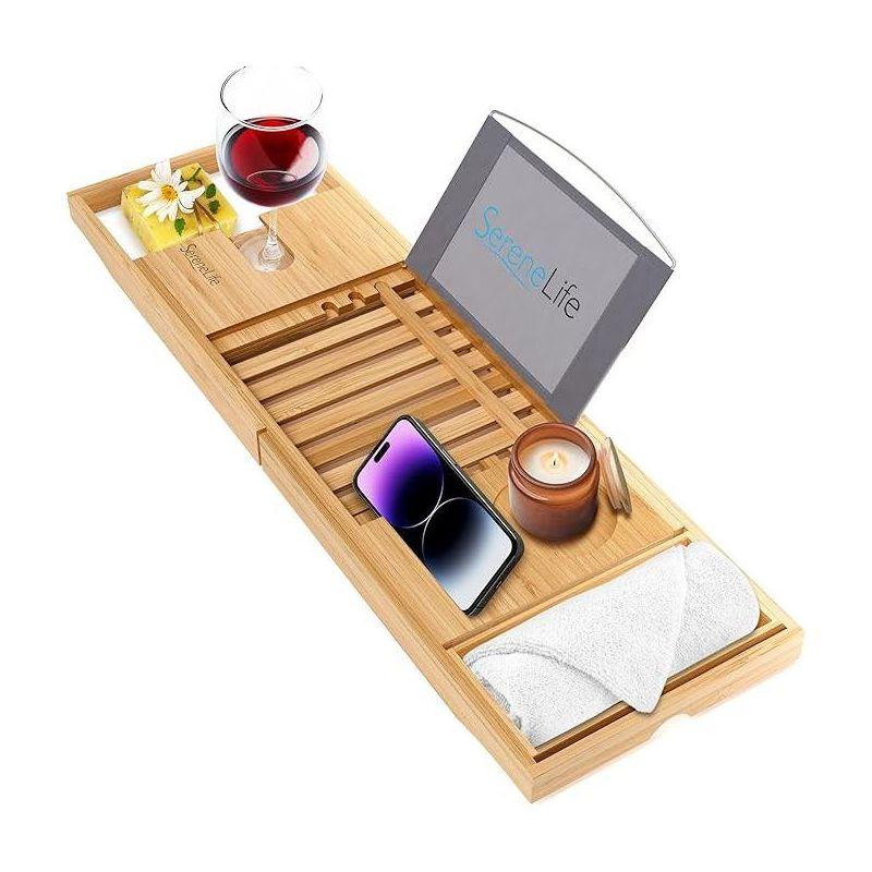 Adjustable Natural Bamboo Bathtub Caddy Tray with Wine Holder