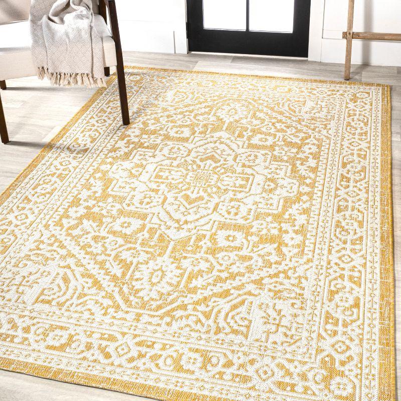 9' x 12' Sinjuri Medallion Textured Weave Indoor/Outdoor Area Rug, Yellow/Cream - JONATHAN Y