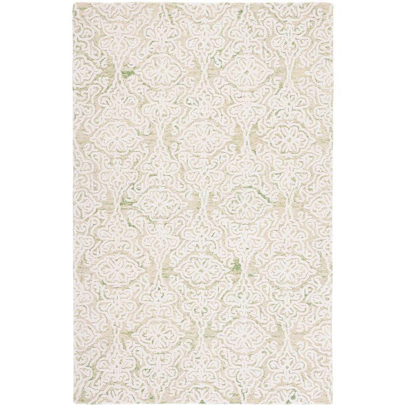 Handmade Light Green and Ivory Floral Wool Rug, 6' x 9'