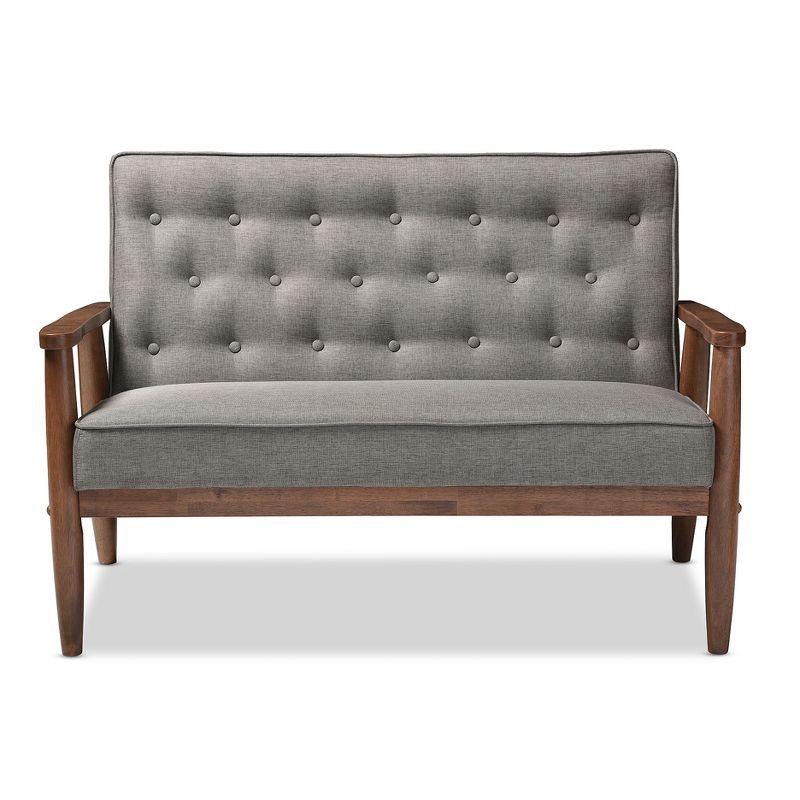 Sorrento Mid-Century Gray Faux Leather Tufted Loveseat with Wooden Legs