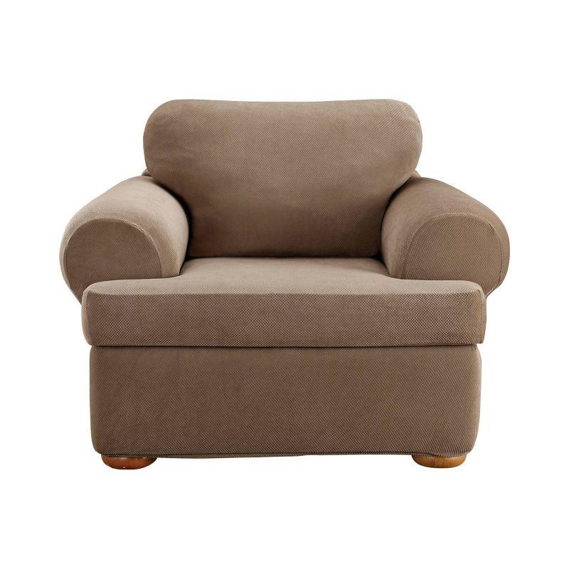 3pc Stretch Pique T Cushion Chair Slipcovers Taupe - Sure Fit: Polyester & Spandex, Machine Washable, Zipper Closure