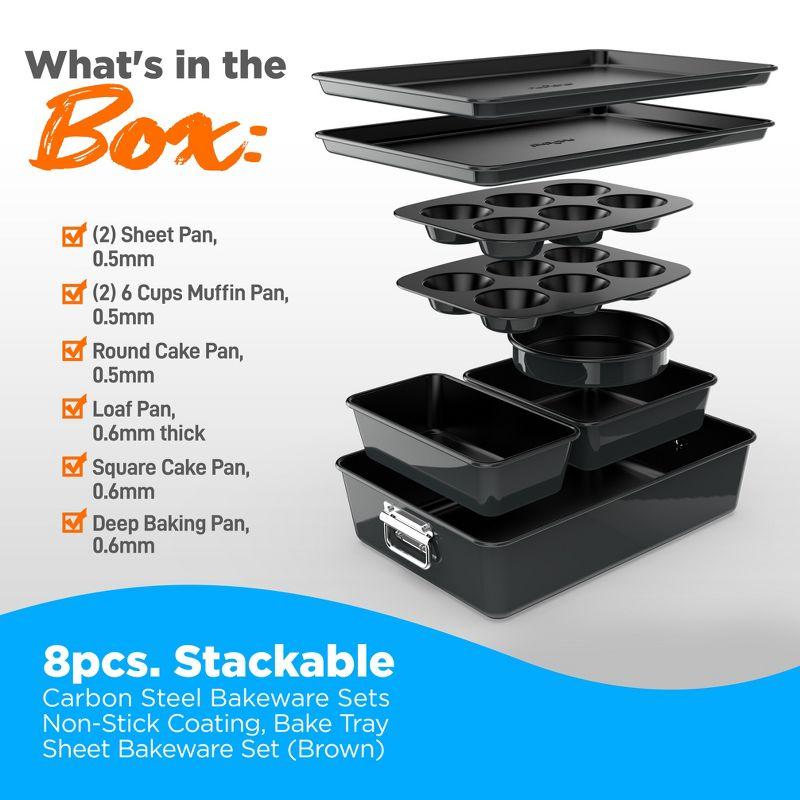 NutriChef 8-Piece Nonstick Stackable Bakeware Set - Pfoa, Pfos, Ptfe Free Baking Tray Set W/ Non-Stick Coating, 450°F Oven Safe, Round Cake, Loaf, Muffin, Wide/Square Pans, Cookie Sheet