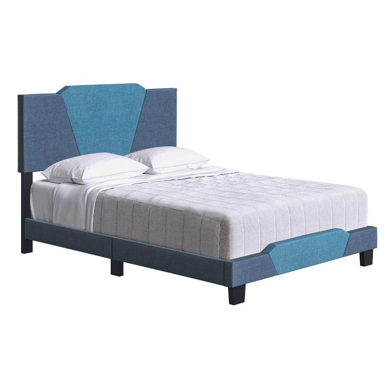 Queen Blue Upholstered Wood Frame Bed with Linen Headboard