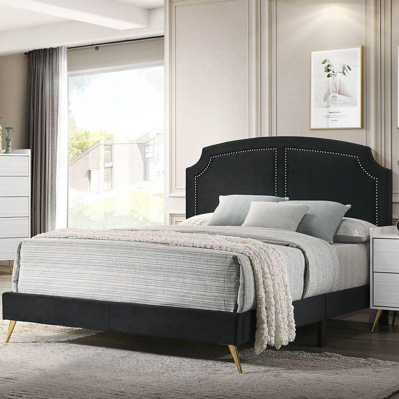 Zeena 86" King Bed Black Velvet - Acme Furniture: Faux Leather Upholstery, Nailhead Trim, No Box Spring Needed