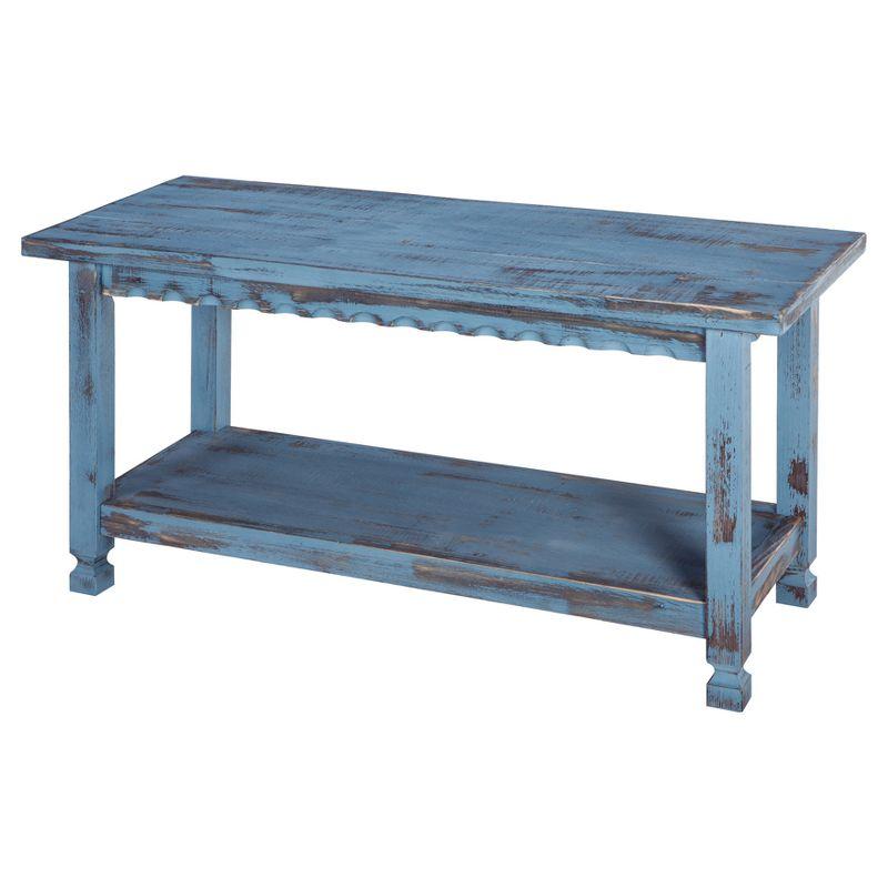 Blue Distressed Wood Entryway Bench with Shelf