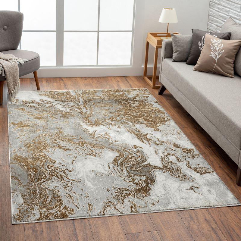 Gray and Gold Abstract Marble Swirl 8' x 10' Area Rug