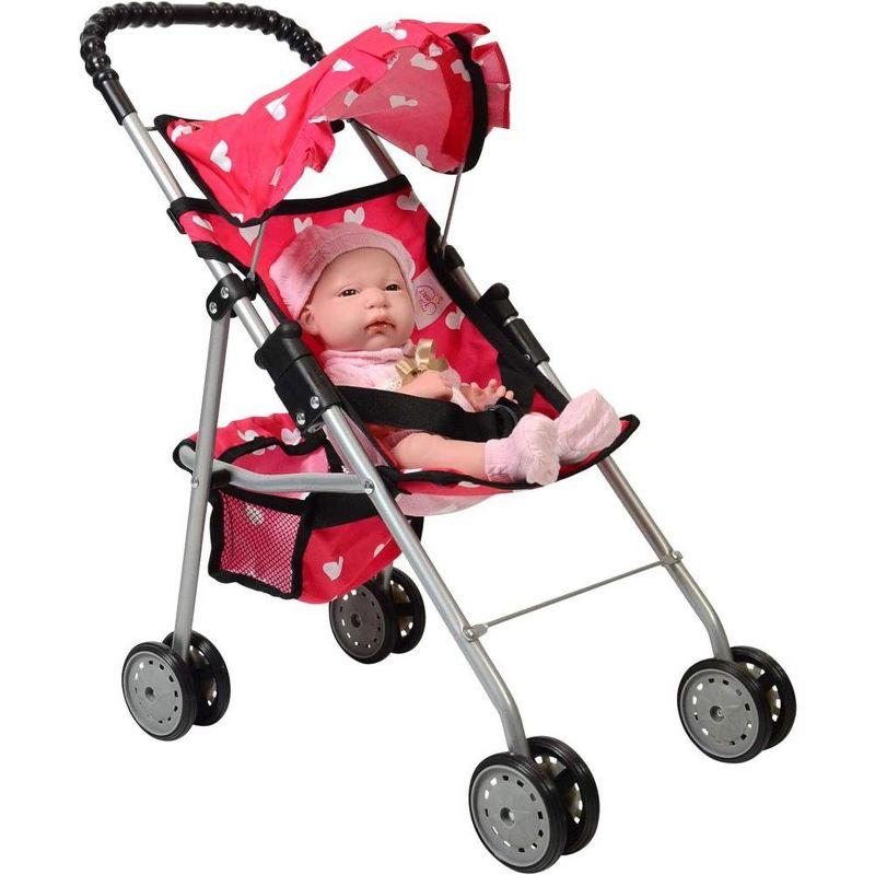 The New York Doll Collection Baby Doll Stroller - My First Toy Stroller for Kids Age 1+ Pink Heart Design