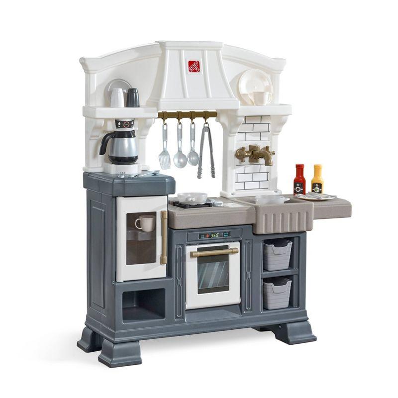 Step2 Gilded Gourmet Kitchen Playset For Kids Includes 20 Plus Toy Kitchen Accessories Interactive Features For Realistic Pretend Play White Blue Gray Modern Farmhouse Style Play Kitchen