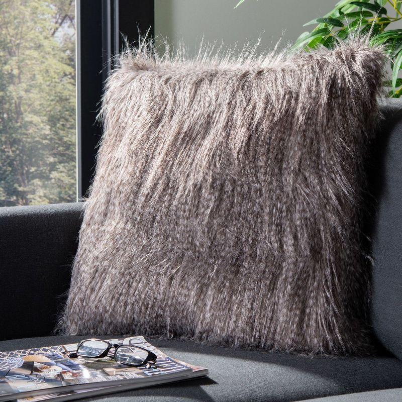 Gray Faux Fur Feather Filled Square Throw Pillow