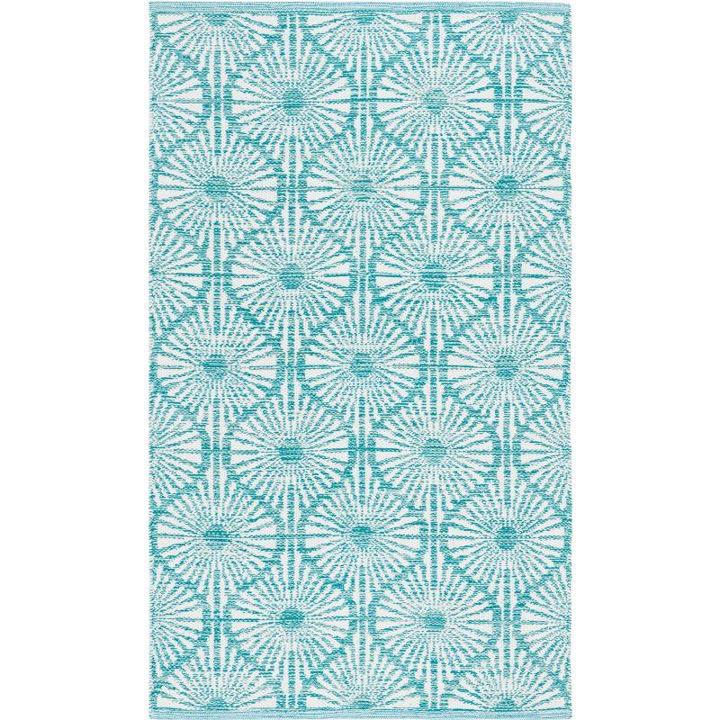 Aqua and Ivory Hand Woven Cotton Area Rug, 3' x 5'