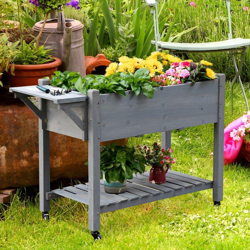 Outsunny 49''x21''x34'' Raised Garden Bed w/ 8 Grow Grids, Outdoor Wood Plant Box Stand w/ Storage Shelf & Wheels for Vegetable Flower, Gray