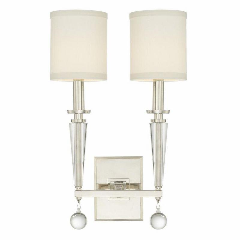 Paxton Elegance 2-Light Polished Nickel Sconce with Silk Shade and Glass Drops