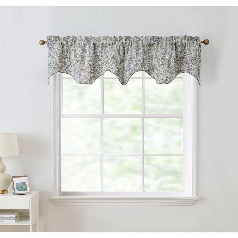 HLC.ME Paris Paisley Rod Pocket Short Scalloped Curtain Valance Basement, Bathroom, Kitchen and Small Windows - Grey/Yellow, 50 W x 20 L