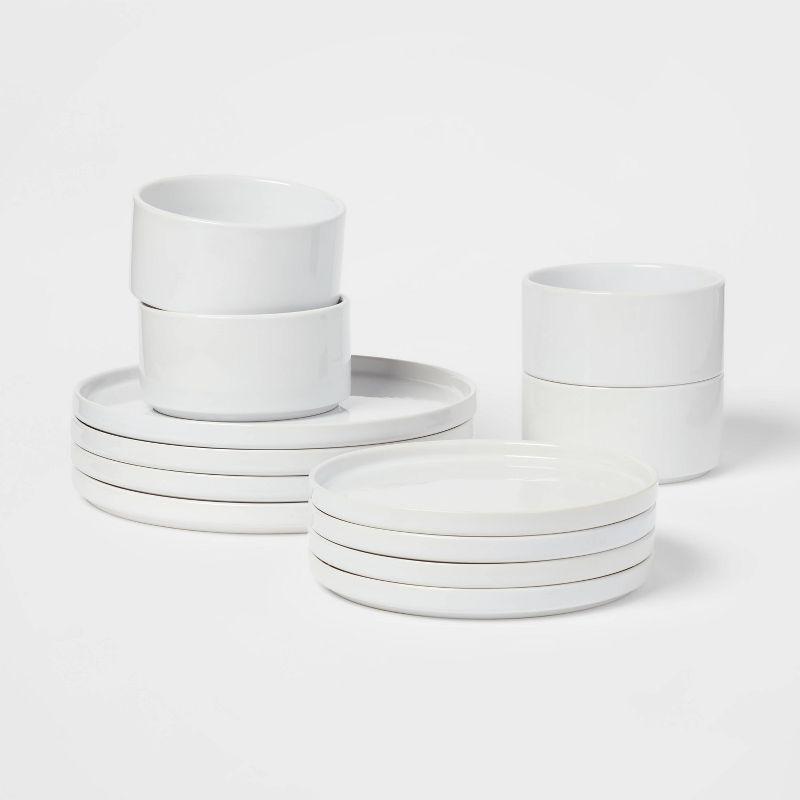 12pc Stoneware Stella Dinnerware Sets White - Threshold™: Solid Dishware Set, Service for 4, Microwave & Dishwasher Safe