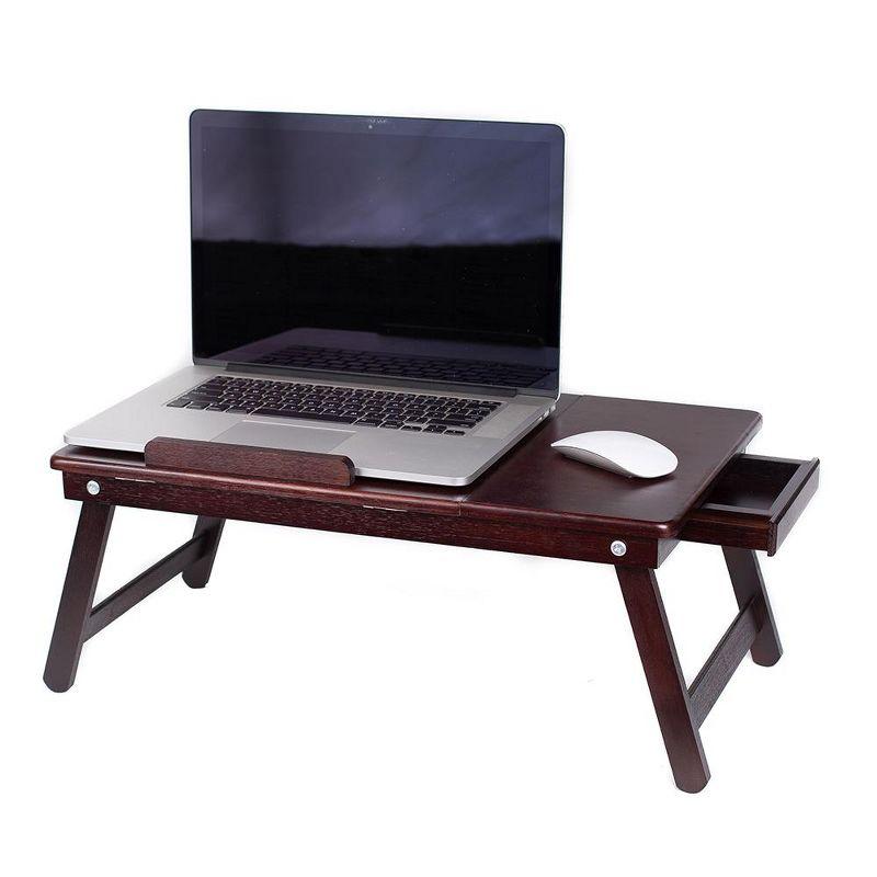 Adjustable Walnut Bamboo Laptop Bed Tray with Storage Drawer