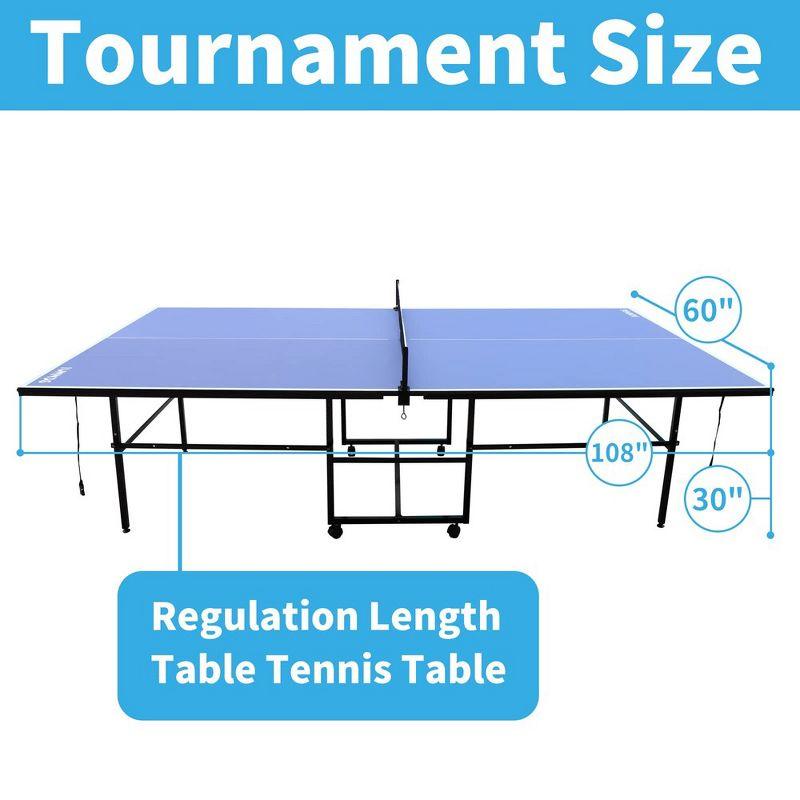 9FT Mid-Size Table Tennis Table, Foldable & Portable Ping Pong Table Set with Net, 2 Table Tennis Paddles and 3 Balls, Easy Assembly with Side Handles