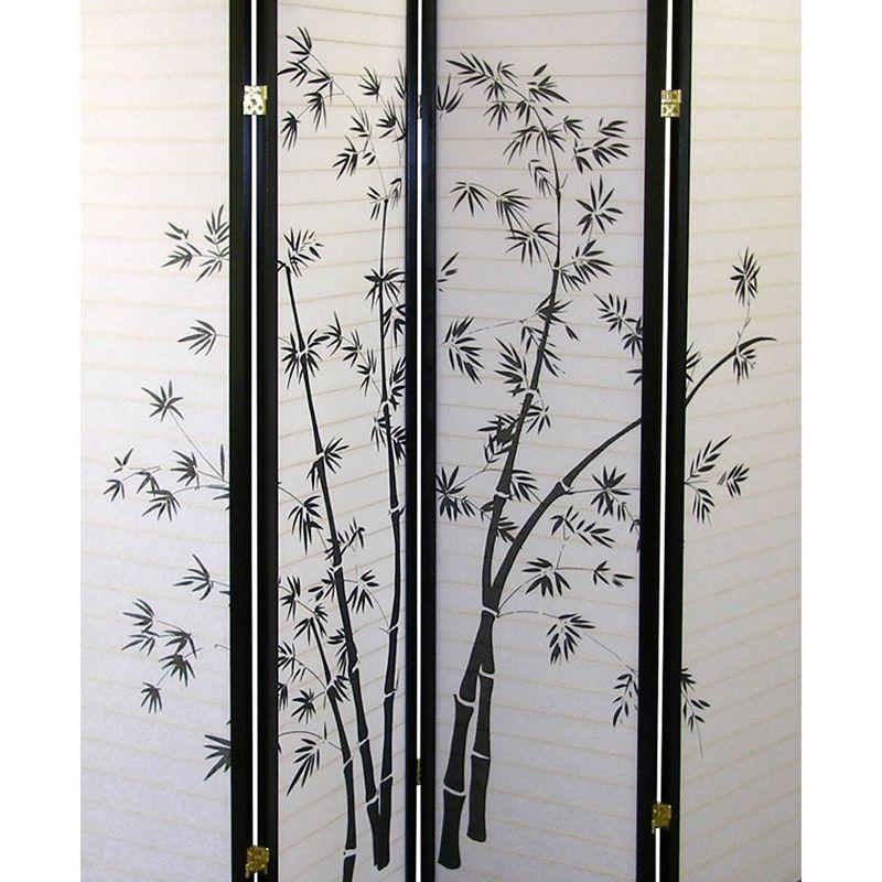 4 Panel Room Divider Bamboo - Ore International: Hardwood Spruce Frame, Botanical Floral Tree Design, No Assembly Required