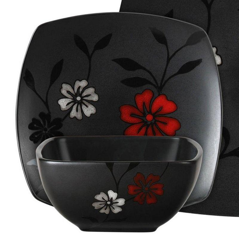 Black Ceramic Square Floral Dinnerware Set, Service for 4