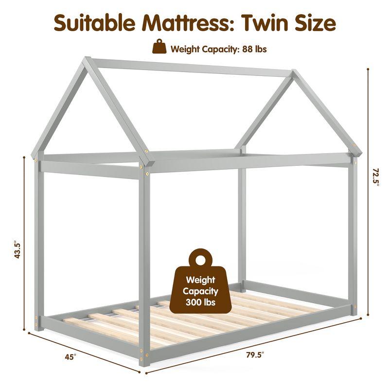 Costway Twin House Bed Wood Frame w/ Roof for Kids Toddler No Box Spring