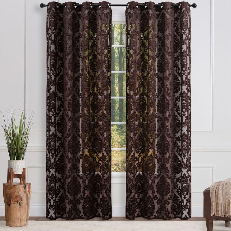 Chanasya 2pk Devore Damask Sheer Grommet Window Curtain Panels - Set of 2 - 52 x 108 Inches Long - Mocha