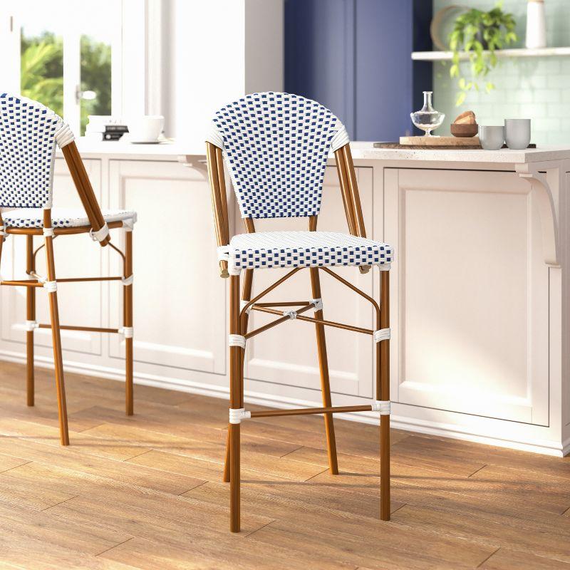 Lourdes White and Navy Rattan Bistro Bar Stools, Set of 2