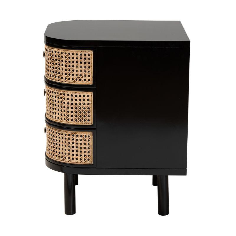 bali & pari Nabila Modern Bohemian Black Bayur Wood and Natural Rattan 3-Drawer End Table Nightstand