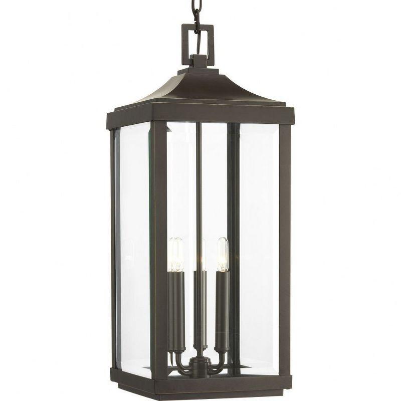 Devereux Antique Bronze 3-Light Outdoor Hanging Lantern with Etched White Pillar Shade