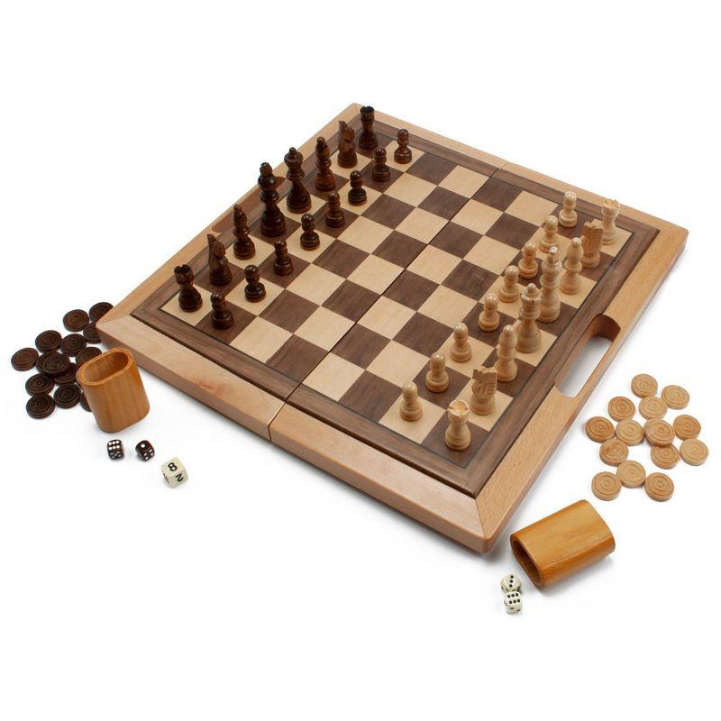 GSE 3-in-1 Wooden Folding Chess, Checker and Backgammon Board Game Combo Set