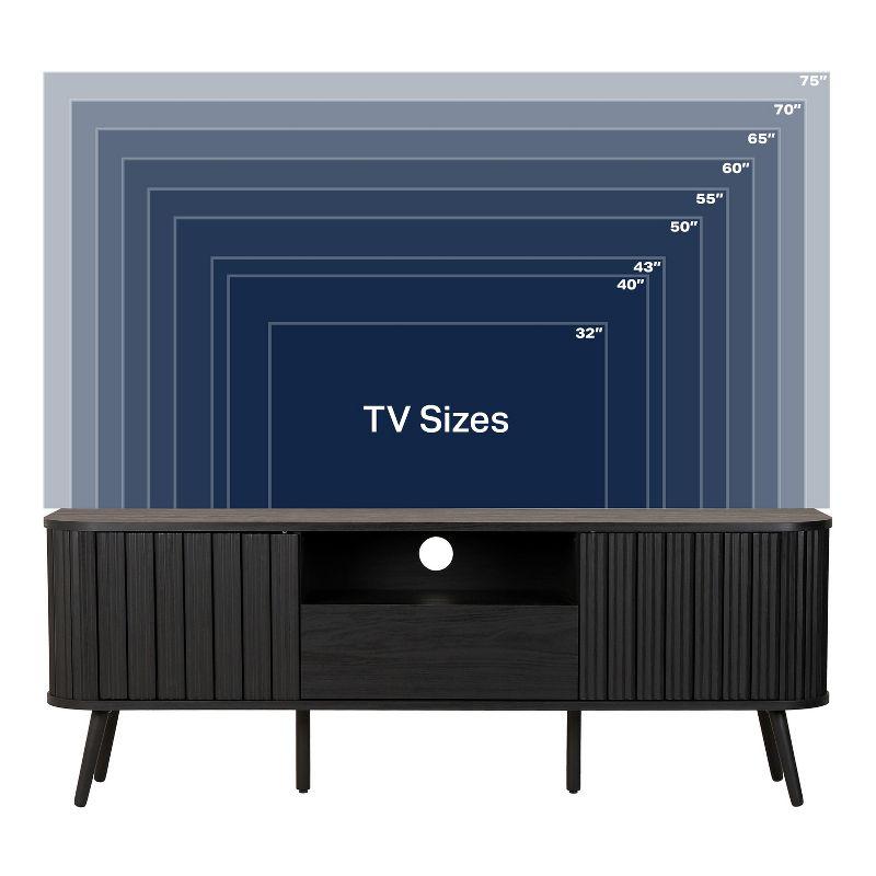 JONATHAN Y Damien 70 in. Farmhouse Curved TV Stand with Drawer and Storage Doors Fits TVs up to 75 in. with Cable Management, Black