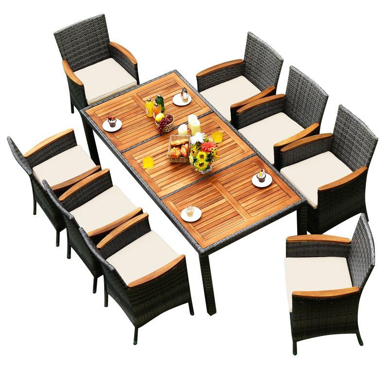 Costway 9PCS Patio Rattan Dining Set Mix Gray Acacia Wood Table Cushioned Chair