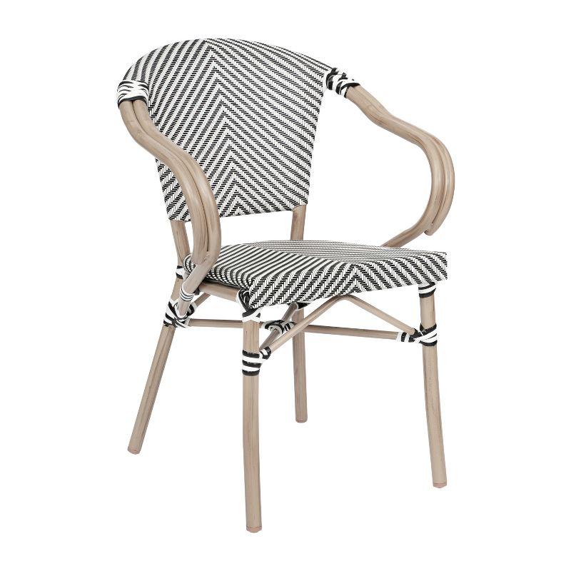 Emma & Oliver Massalia Indoor/Outdoor Stacking Thonet Bistro Chair w/ Arms, Black & White Textilene Seat & LT Natural Bamboo Finished Metal Frame