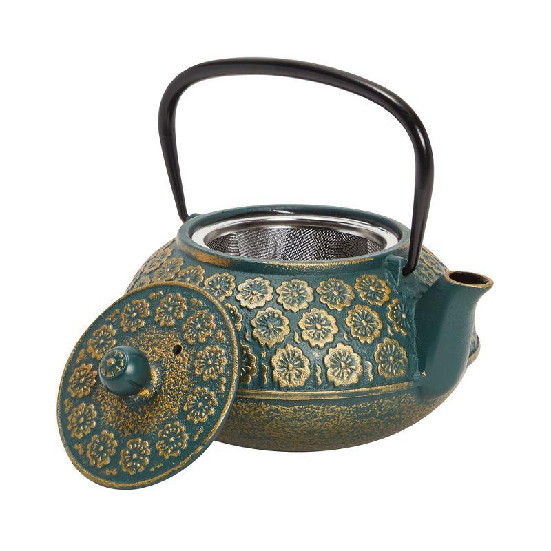 Juvale Green Cast Iron Floral Teapot Kettle with Stainless Steel Infuser Set, Japanese Tea Pot for Kitchen Pantry, 34 oz