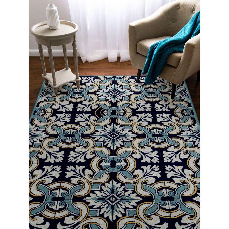 Blue Floral Tufted Rectangular Indoor/Outdoor Rug