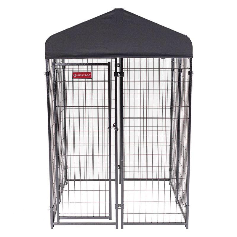 Lucky Dog STAY Series Black Powder Coat Steel Frame Villa Dog Kennel with Waterproof Canopy Roof and Single Gate Door