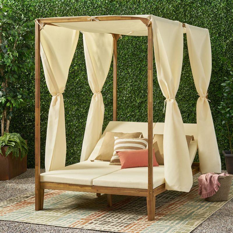 Kinzie Outdoor 2 Seater Acacia Wood Daybed with Adjustable Chaise & Water-Resistant Curtains - Christopher Knight Home