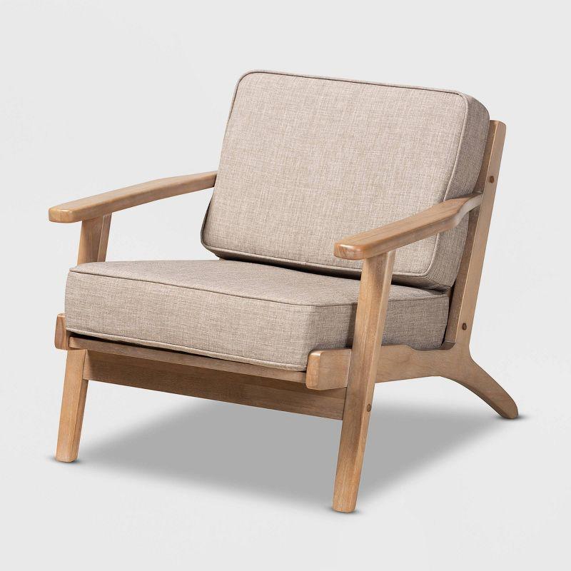 George Oliver Emsworth Mid-Century Modern 2-Piece Antique Oak Finished Armchair and Ottoman Set in Light Grey Fabric