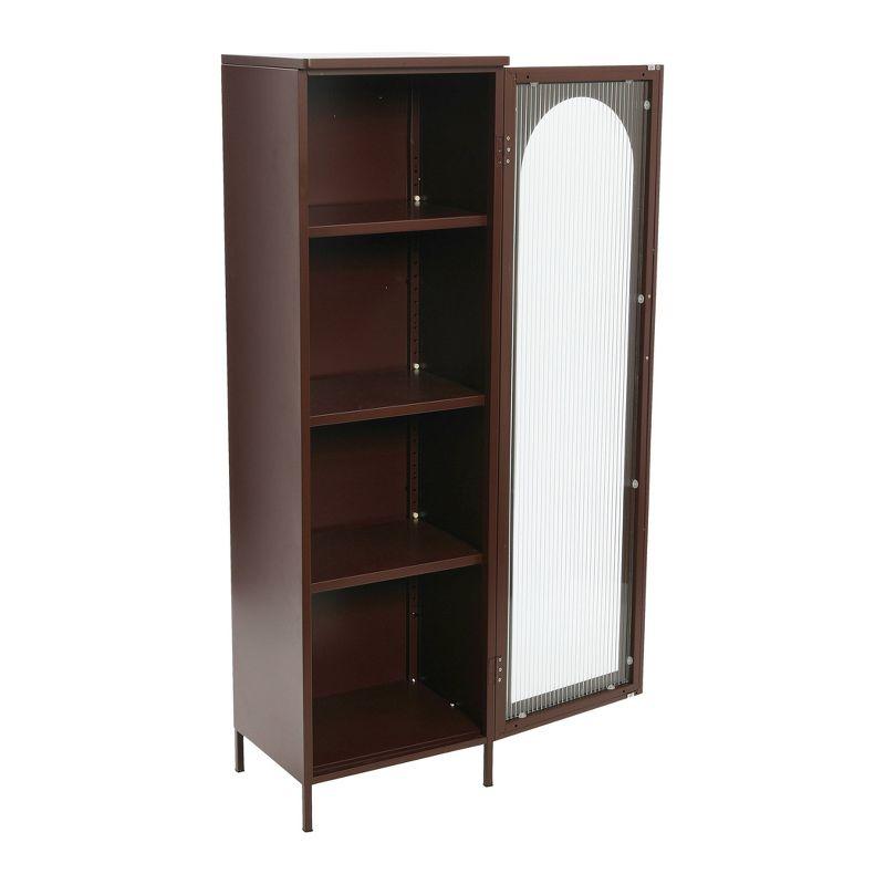 Storied Home Tall Metal Accent Cabinet: 3 Shelves, Arched Glass, Vintage Brown, 57" Height
