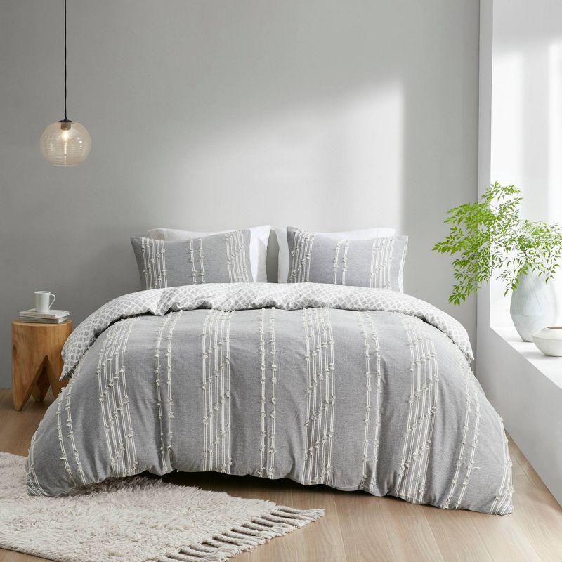 Ink+Ivy 3pc King/California King Kara Cotton Jacquard Duvet Cover Set Gray: OEKO-TEX Certified, Farmhouse Style