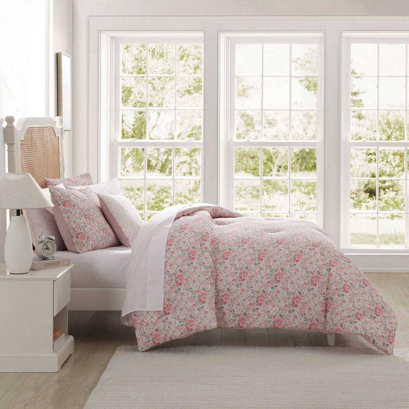 Laura Ashley 8pc Queen Quartet Microfiber Comforter Set Pink: Botanical Pattern, Polyester Fill, Machine Washable