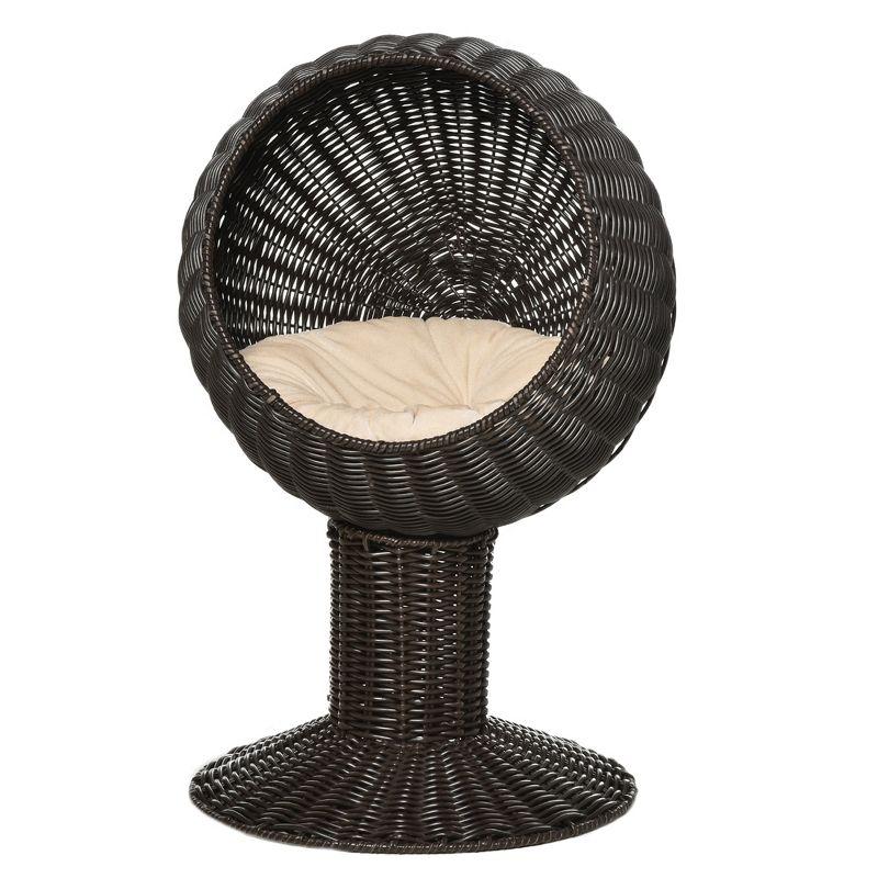 Small Round Coffee Wicker Elevated Cat Bed with Cotton Cushion