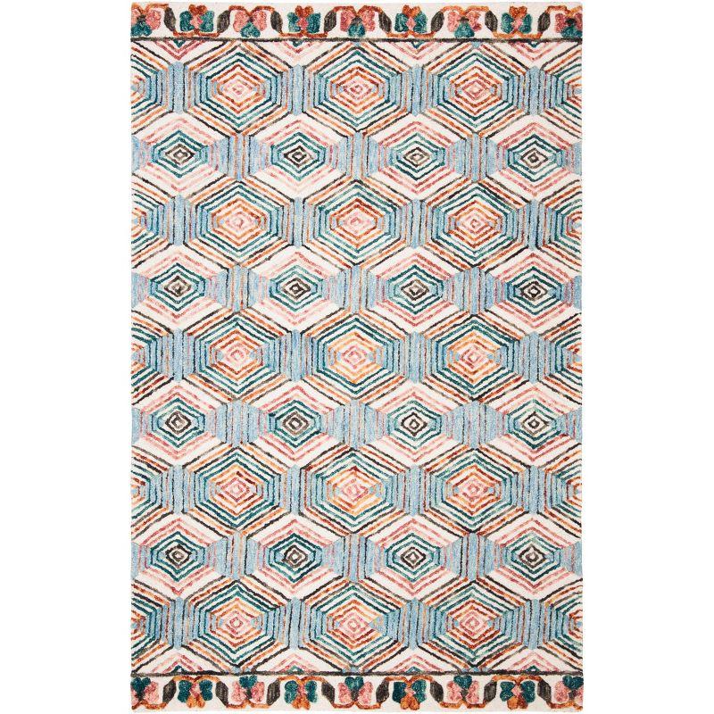 Ivory and Light Blue Hand-Tufted Wool Geometric Area Rug 5' x 8'